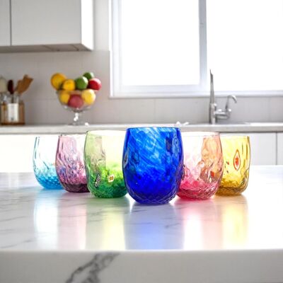 6 Balloton Glasses in Blown and Hand-crafted Glass with Murano Murrine, “I Colori di Murano” line 350 ml. Made in Italy