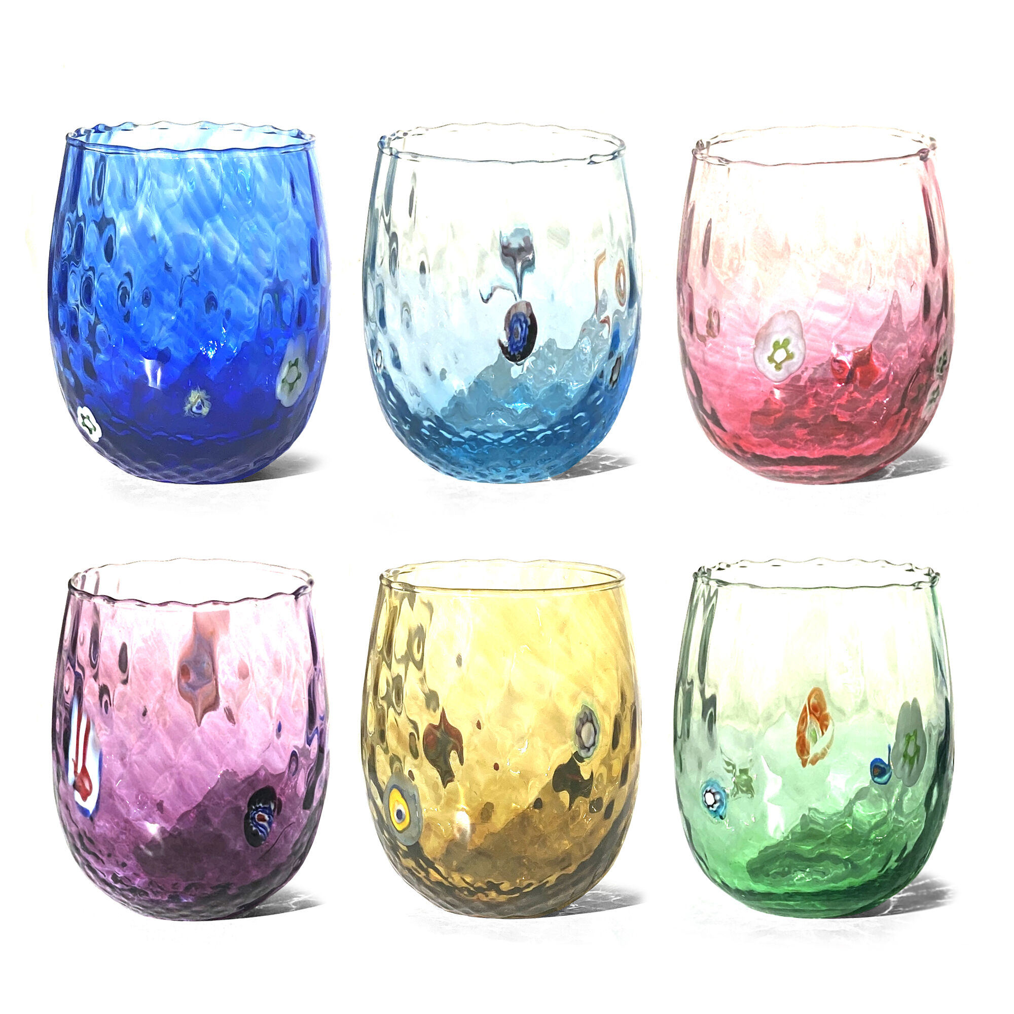 6 Bicchieri Balloton in Vetro Soffiati e Lavorati a Mano con Murrine di Murano, linea “I Colori di Murano” 435 ml. Made in Italy