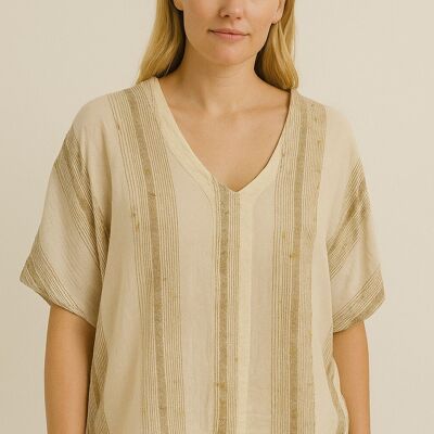 T-SHIRT IN MISTO LINO E COTONE CON SCOLLO A V E FILI VERTICALI DORATI
