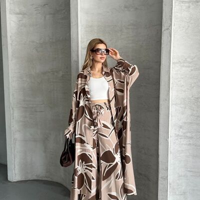 Long Shirt & Matching Loose Pants Set in Brown Viscose