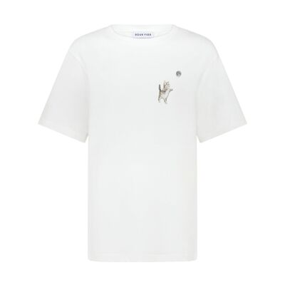 T-shirt unisex con stampa di gattino e luna in bianco
