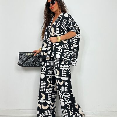 Ensemble Chemise Longue & Pantalon Ample Assortie En Viscose Noir et Blanc à Imprimer