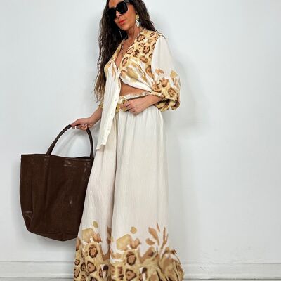 Ensemble Chemise Longue & Pantalon Ample Assortie En Viscose Ecru