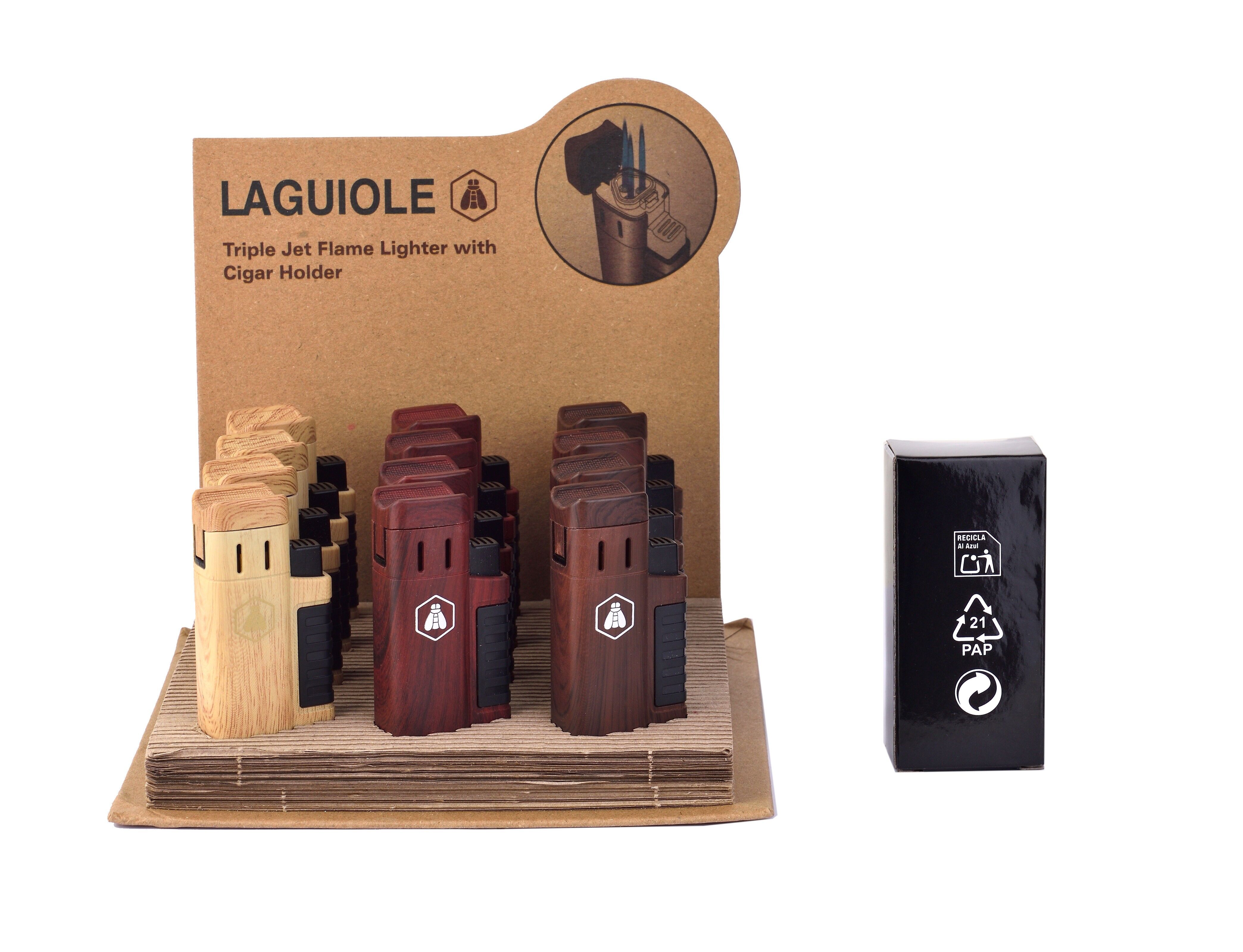 Laguiole - Display mit 12 Dreiflammenfeuerzeugen und Zigarrenhalter