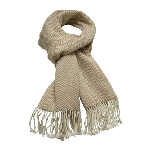 Herringbone knitted Cashmere Scarf Camel White