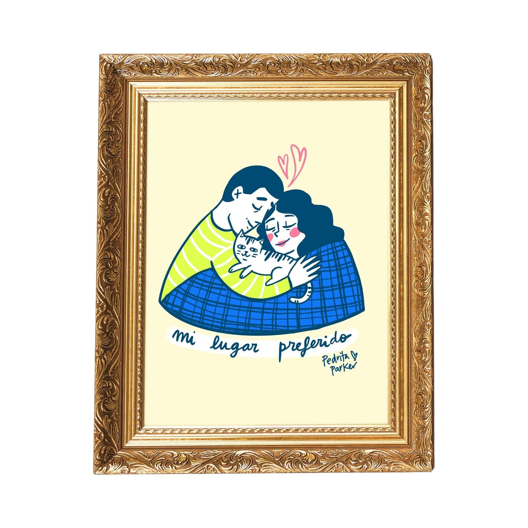 Stampa di coppia di gatti.Sfondo giallo