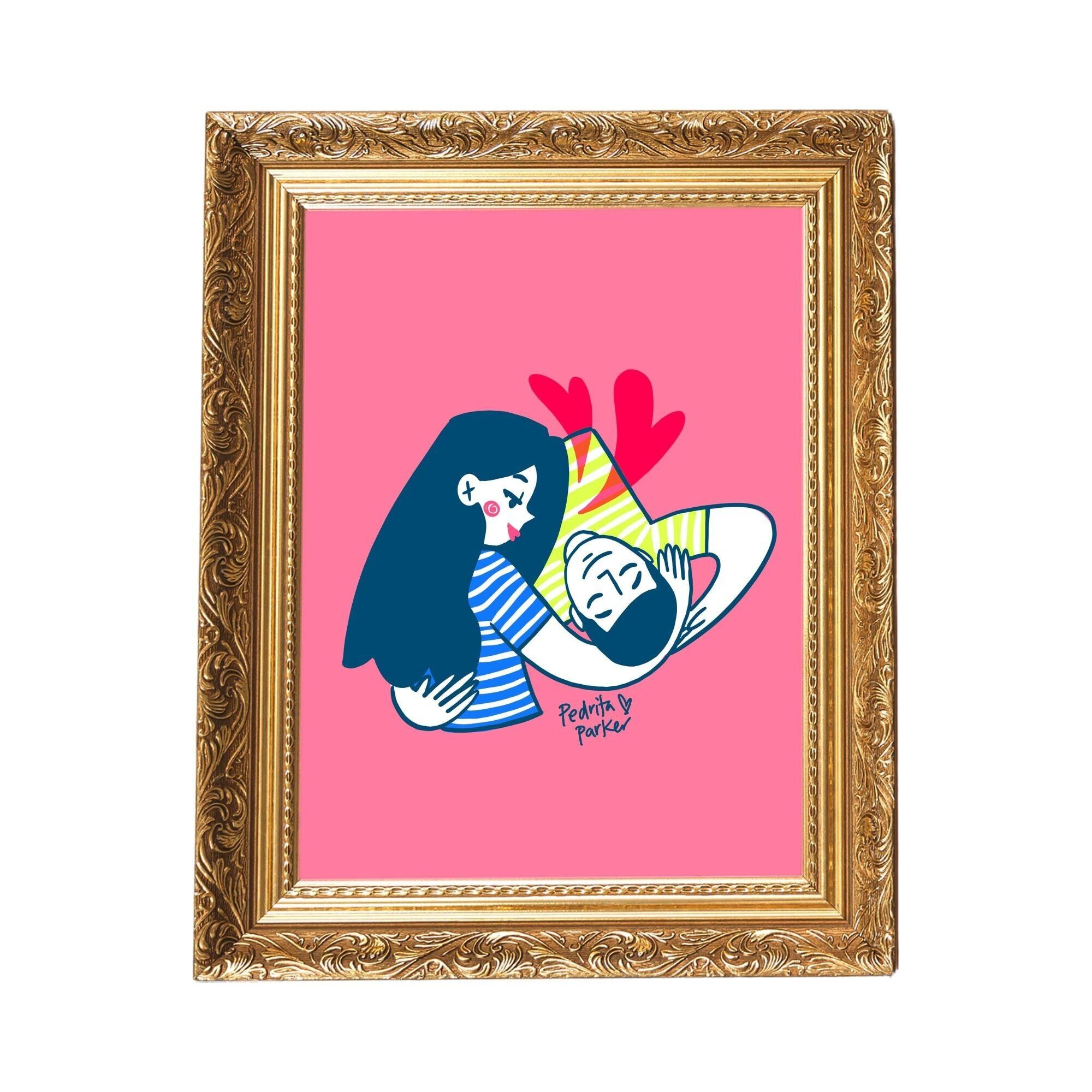 Stampa raffigurante una coppia che si abbraccia.Sfondo rosa