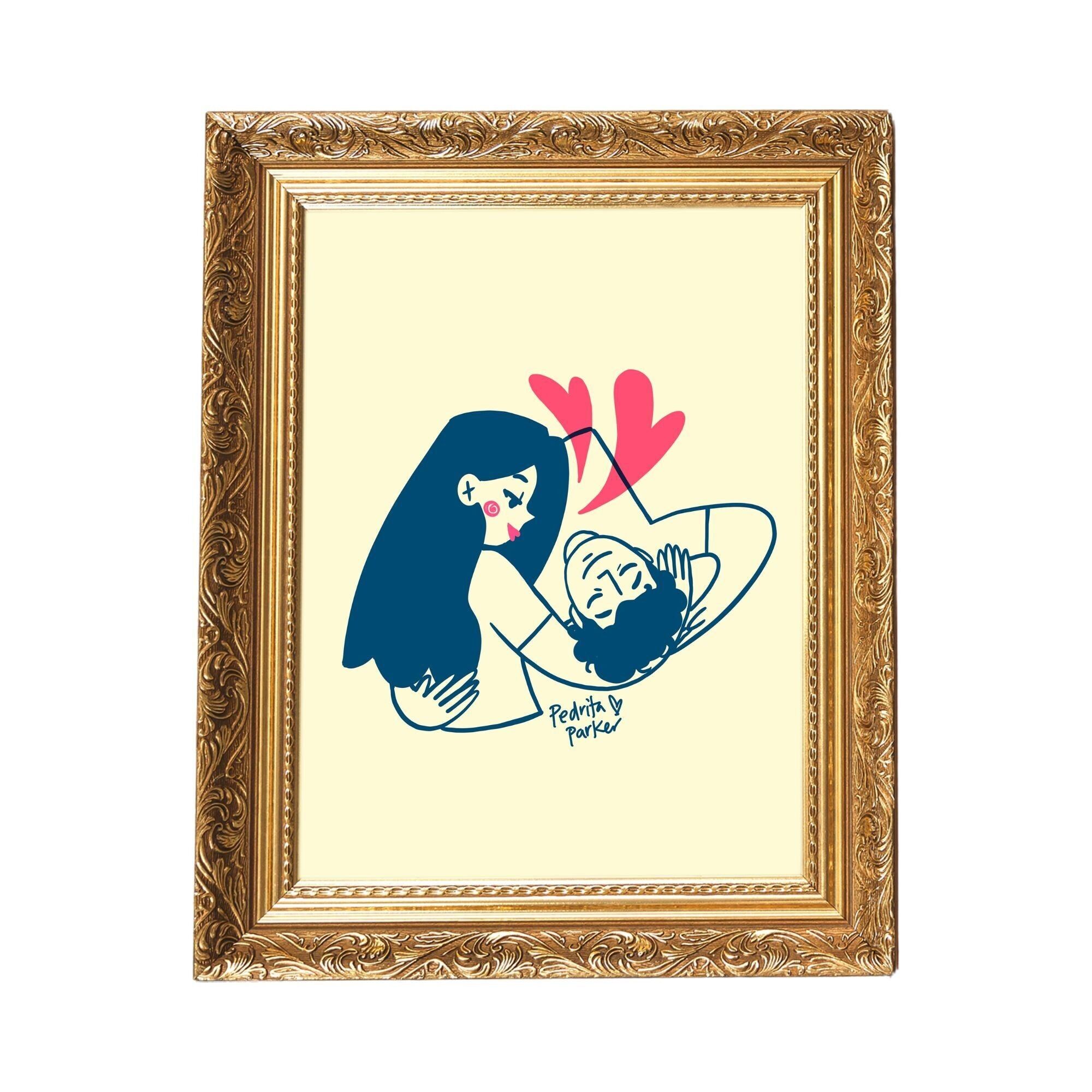 Stampa raffigurante una coppia che si abbraccia.Sfondo giallo