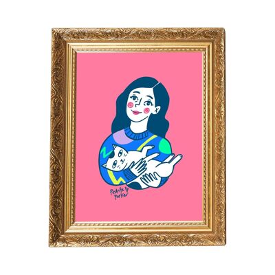 Imprimé Femme Chat.Fond rose