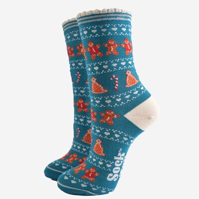 Chaussettes en bambou pour femmes - Bleu sarcelle/crème, motif jacquard en pain d'épices