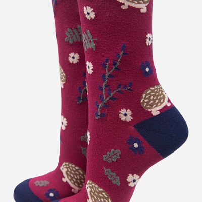Chaussettes en bambou pour femmes, chaussettes hérisson, imprimé animal des bois, bordeaux