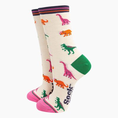 Calzini da donna in bambù - Crema/Multi, Dinosauri