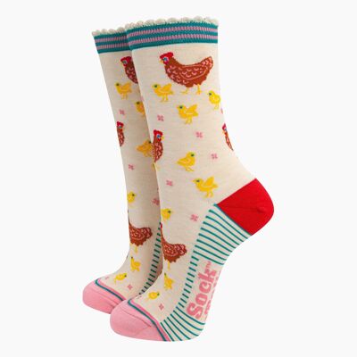 Calcetines de bambú para mujer: crema, gallinas y pollitos