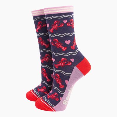 Calzini da donna in bambù - Blu navy, aragoste con cuoricini