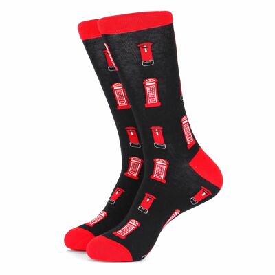 Calcetines de bambú para hombre, color negro y rojo, diseño de cabina telefónica