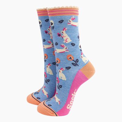 Calzini da donna in bambù - Blu, coniglio e fiori
