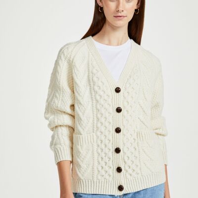Cardigan col V tricoté main pour femme Glenisland - Crème