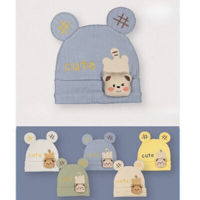 Bonnet en coton « Mignon » pour bébé garçon – Lot de 12 | Couleurs douces assorties
