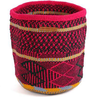 WAKATI: Cesta grande de lana rosa, verde y amarilla
