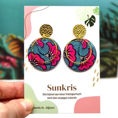 Handmade wax earrings in wood and resin – Turquoise pink floral design – Made in France