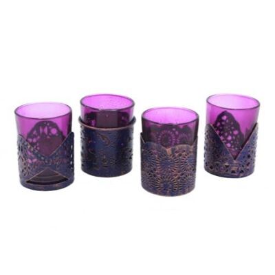 Juego de 4 portavelas - Morado y dorado