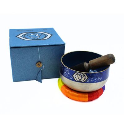 Ciotola tibetana per il chakra del terzo occhio, in ottone argentato - Blu cobalto