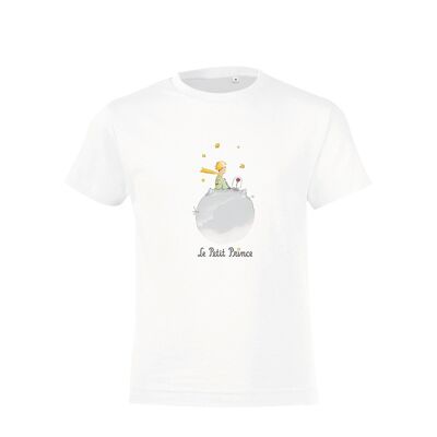 T-shirt Blanc " Le Petit Prince et la Rose assis sur la Lune "