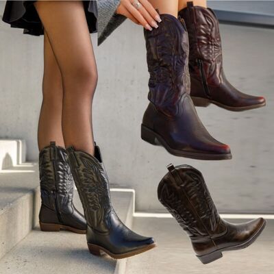 CONTRAST SOLE CALF HIGH WESTERN COWBOY BOOTS