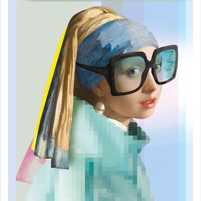 Affiche pop art Pearl 2.0 - 50 X 70 cm. 100% made in France en local. Ré interprétation de La Jeune fille à la perle de Vermeer. Impression velouté mat