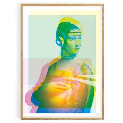 Cartel de arte pop Hermine 2.0 - 40 X 60 cm. 100% fabricado en Francia localmente. Reinterpretación de La dama del armiño de Leonardo da Vinci.Estampado aterciopelado mate