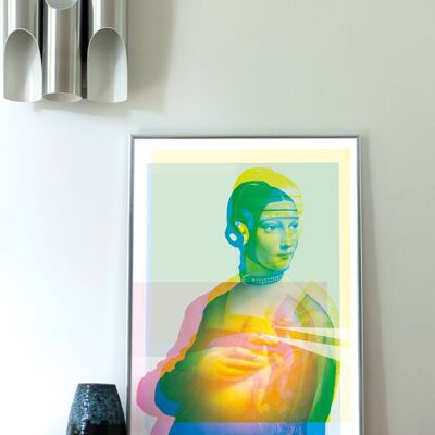 Affiche pop art Hermine 2.0.- 50 X 70 cm. 100 % made in France en local. Ré interprétation de La Dame à l'Hermine de Léonard de Vinci. Impression velouté mat