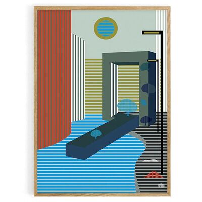 Póster de paisaje urbano-urbano surrealista con rayas. 50X70 cm. 100% fabricado en Francia localmente.Estampado aterciopelado mate
