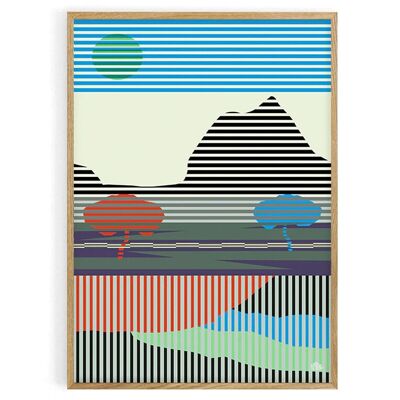 Surreal striped mountain landscape poster. 50X70 cm. 100% made in France locally.Matte velvety print
