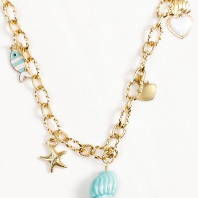 Long necklace with shell and blue fish charms