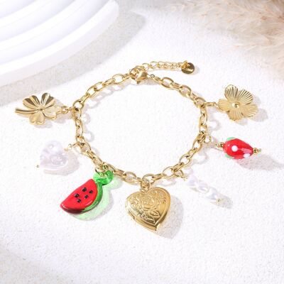 Bracciale a catena in oro con ciondoli a forma di cuore e anguria