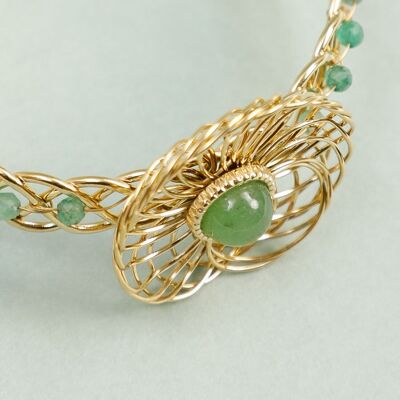 Gold Braided Cuff Bracelet with Stone and Green Beads