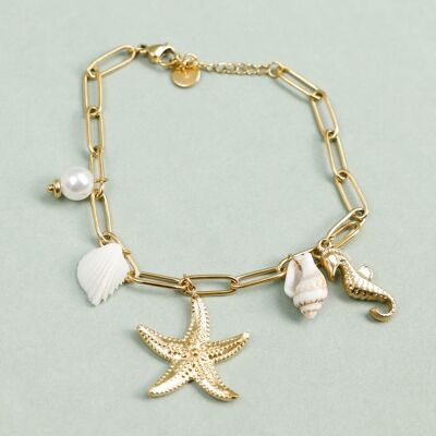 Bracelet Chaîne Maillon Doré Avec Pendentifs Océaniques et Hippocampe