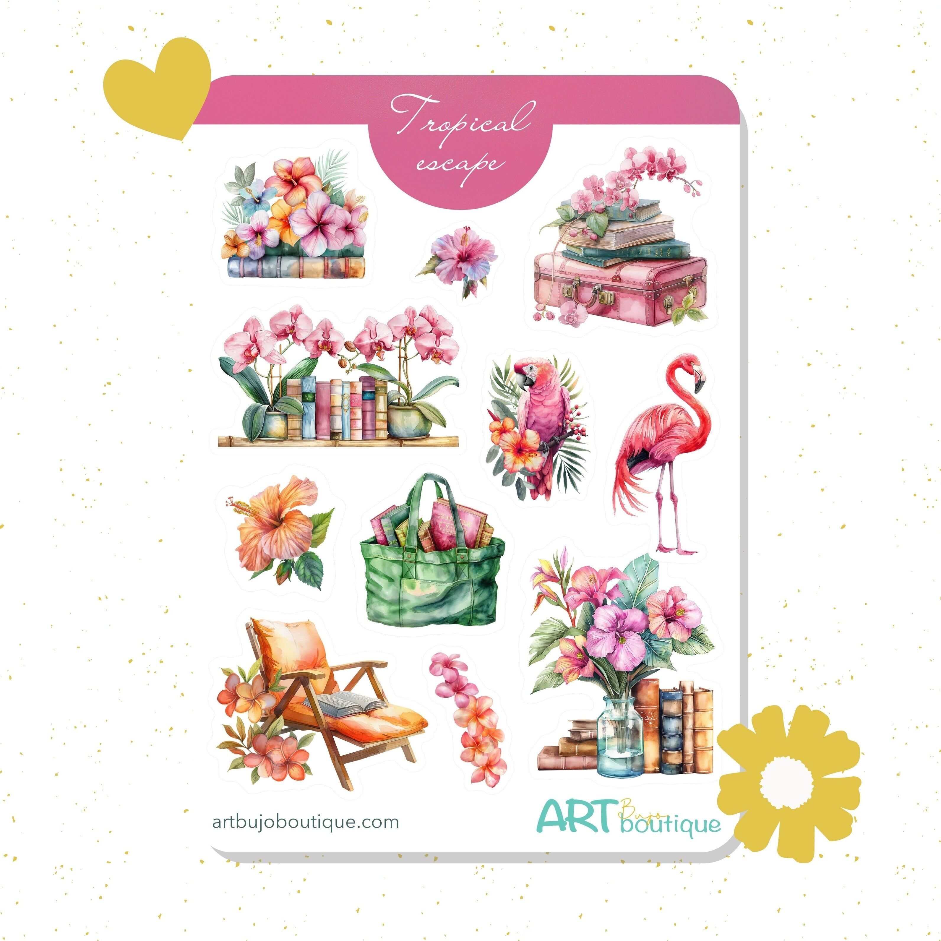 Tropical Escape Dekorativer Stickerbogen – Ästhetische Planer- und Journalaufkleber