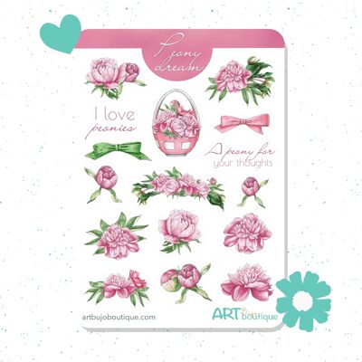 Foglio di adesivi con fiori di peonia