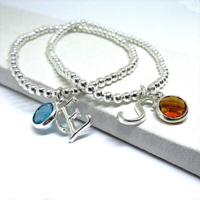 Silver Personalised Initial Birthstone Bracelet | Silver Bead Stretch Bracelet | Letter Charm | Birthday | Sister Niece Mum Best Friend