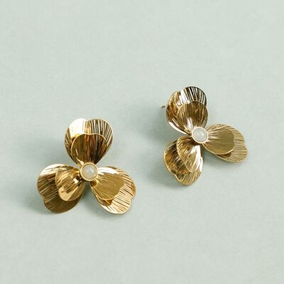 Golden Earrings with Carved Flower in the Center and Blue Stone