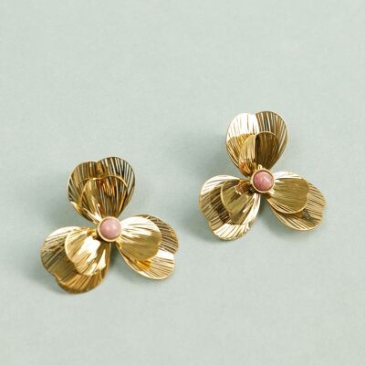 Golden Earrings with Carved Flower in the Center and Pink Stone