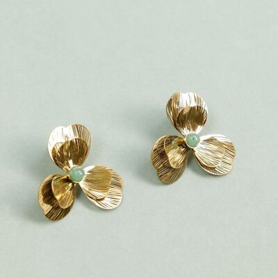 Gold Earrings with Carved Flower in the Center and Water Green Stone