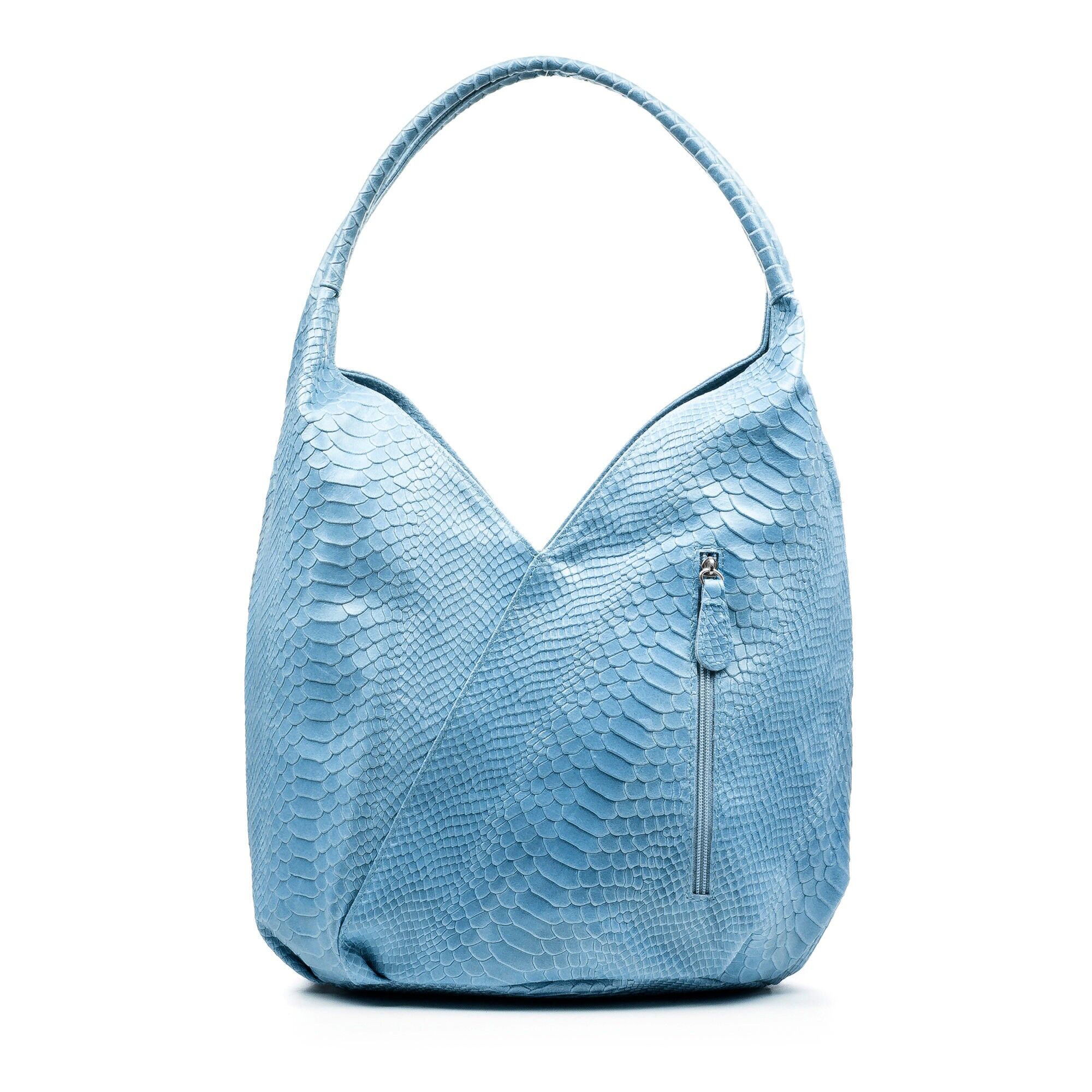 Borsa a tracolla Jesi da donna. Incisione di serpente in vera pelle scamosciata.Colore: azzurro