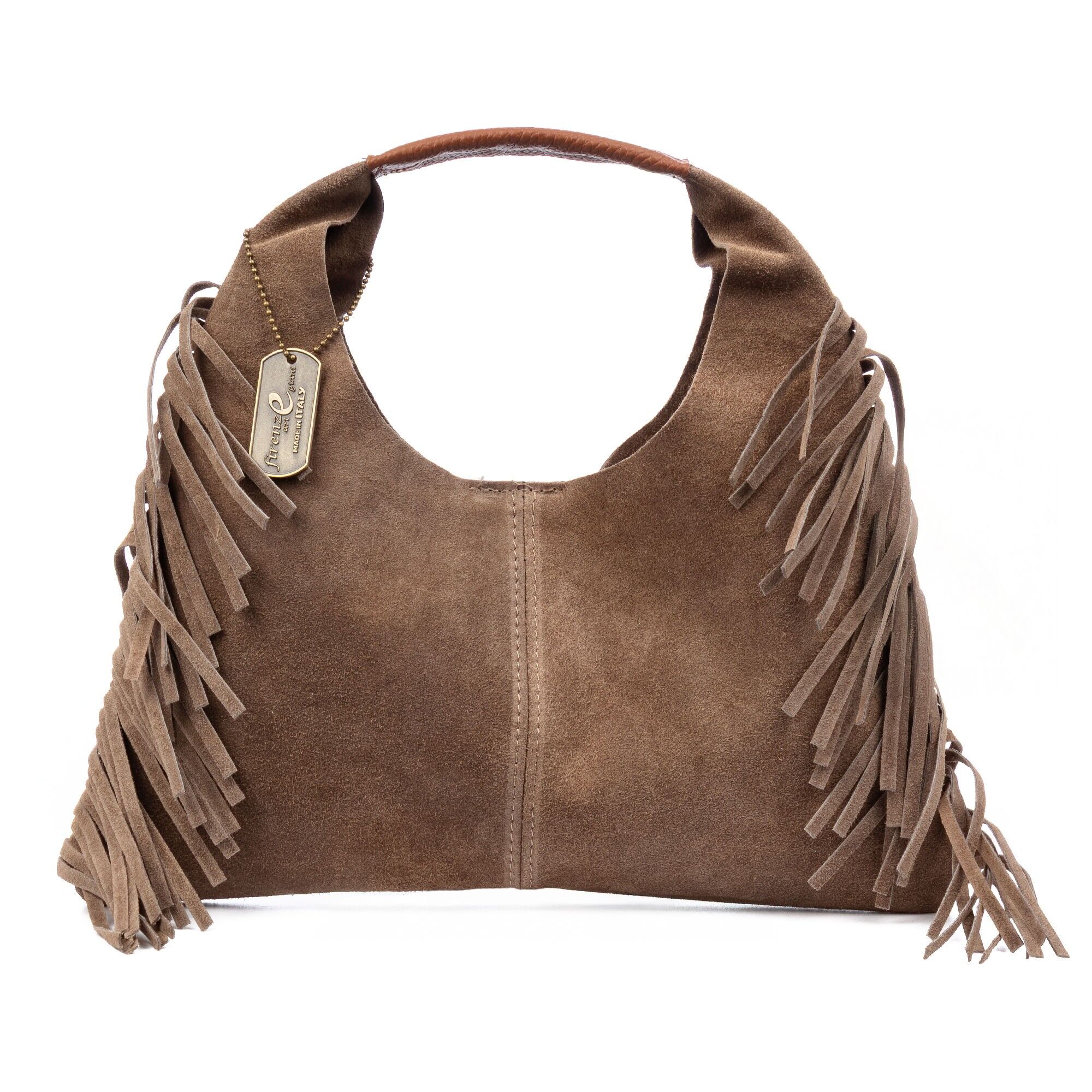 Sac à main femme Balmuccia. Cuir suédé véritable, avec franges. Couleur : Taupe