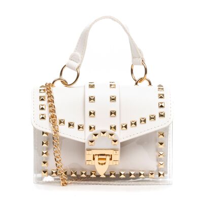 Mini sac fourre-tout à bandoulière Zelbio, fabriqué en PVC transparent et cuir synthétique.Couleur : Blanc