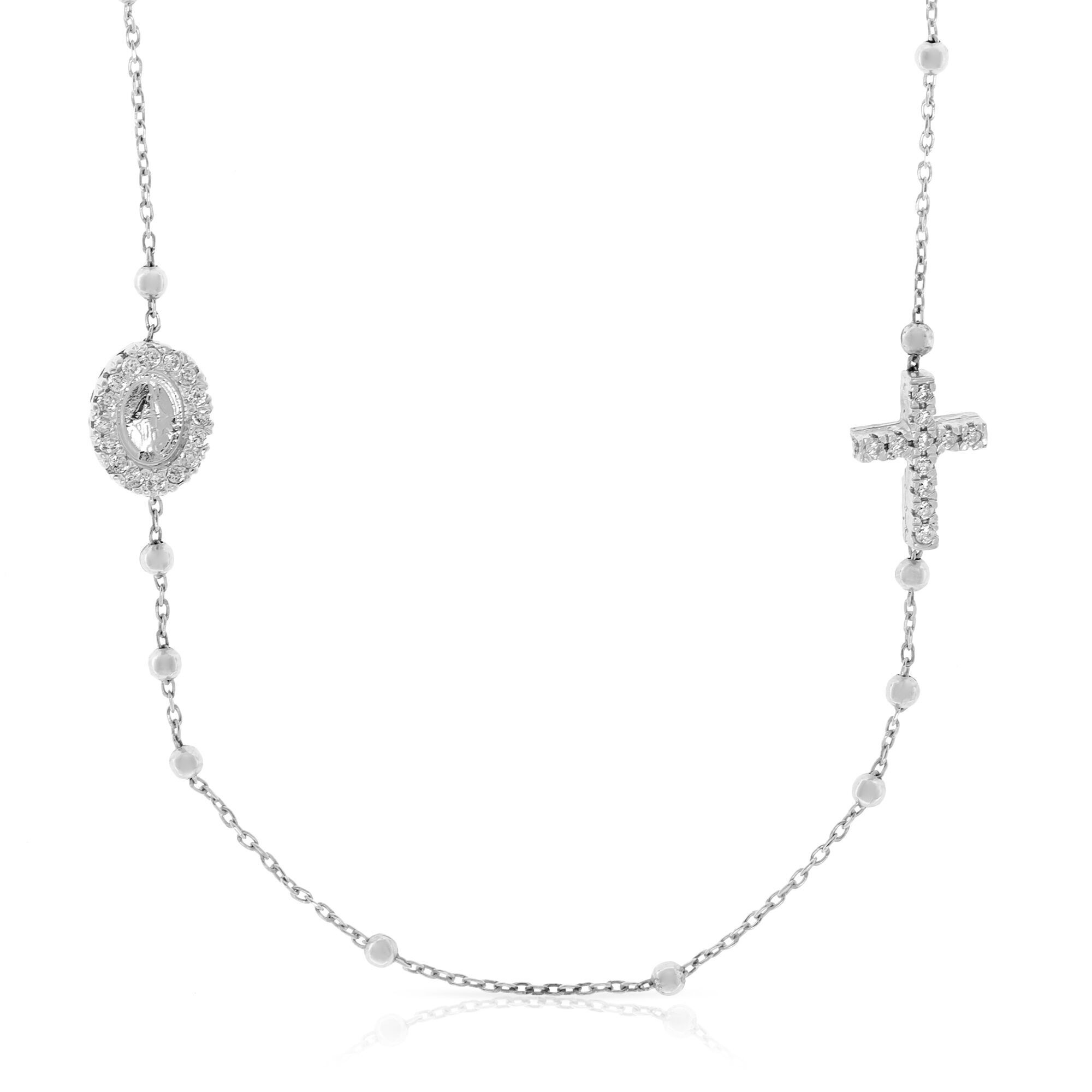 Collier en argent sterling 925.Chapelet composé de 33 sphères sculptées, d'une image de la Vierge Marie et d'une croix sertie de diamants. Couleur : argent.