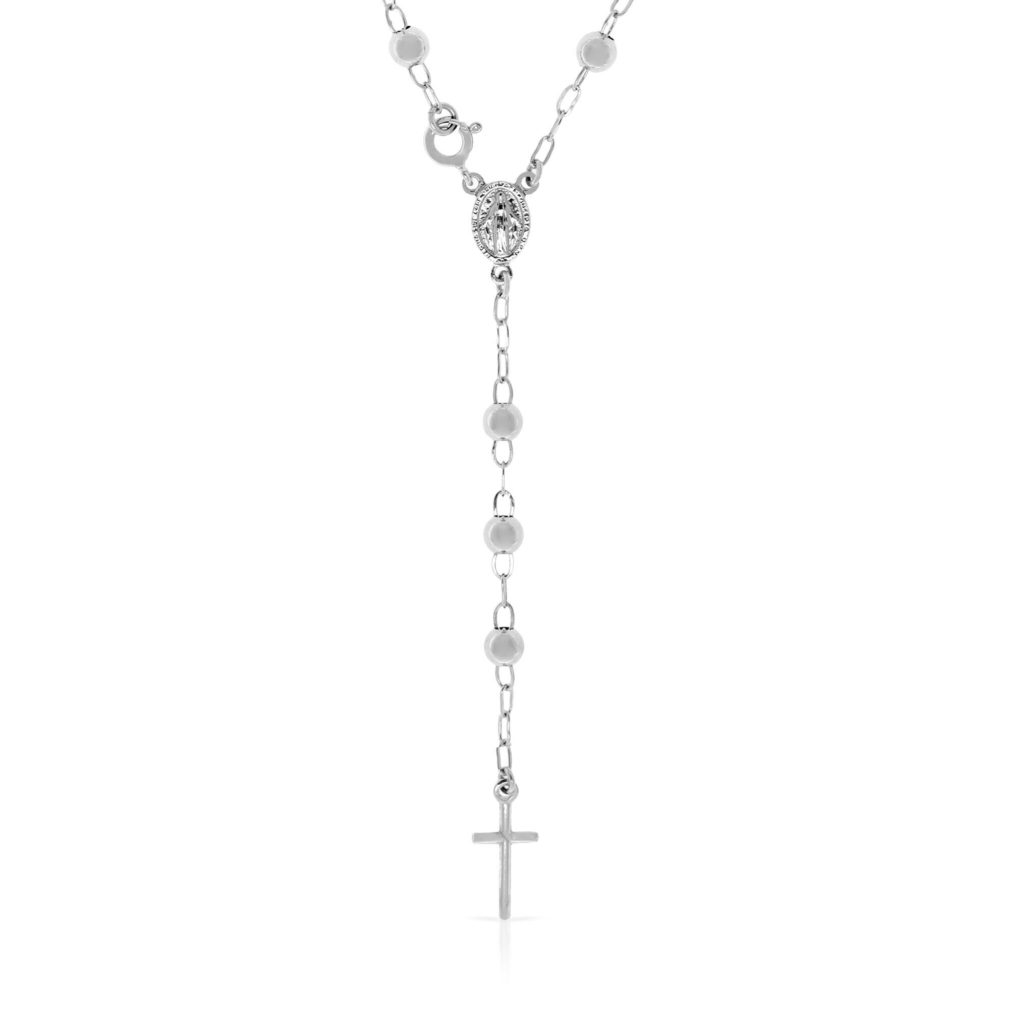 Collier en argent sterling 925. Chapelet avec 24 sphères sculptées et un pendentif de la Vierge Marie et une croix.Couleur : Argent