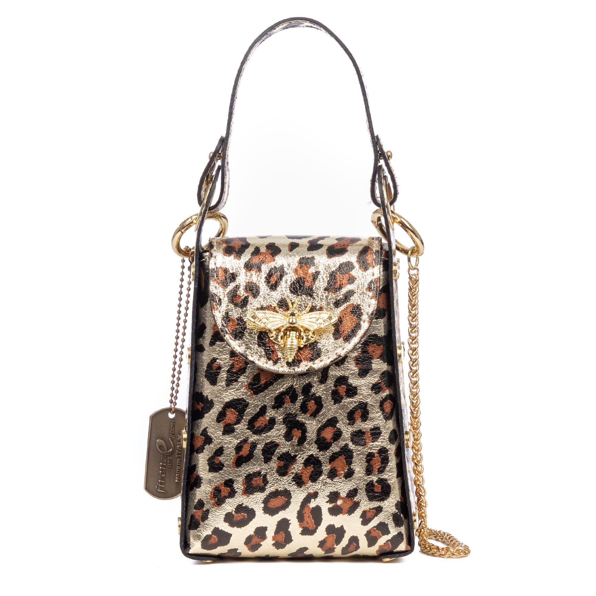 Borsa da donna Alviano. Vera pelle scamosciata con stampa leopardata laccata lucida.