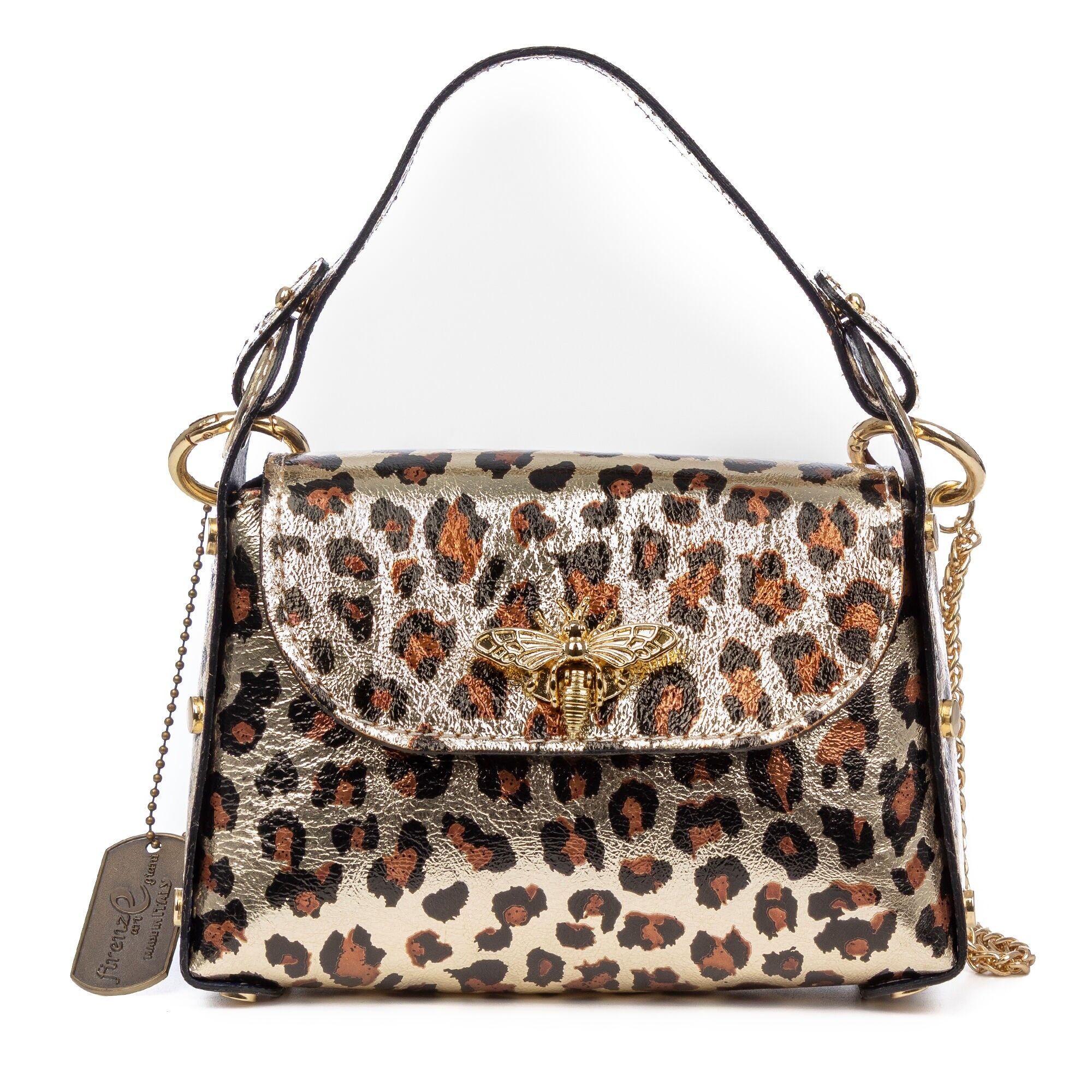 Borsa a mano da donna Aquileia. Vera pelle scamosciata con stampa leopardata laccata lucida.